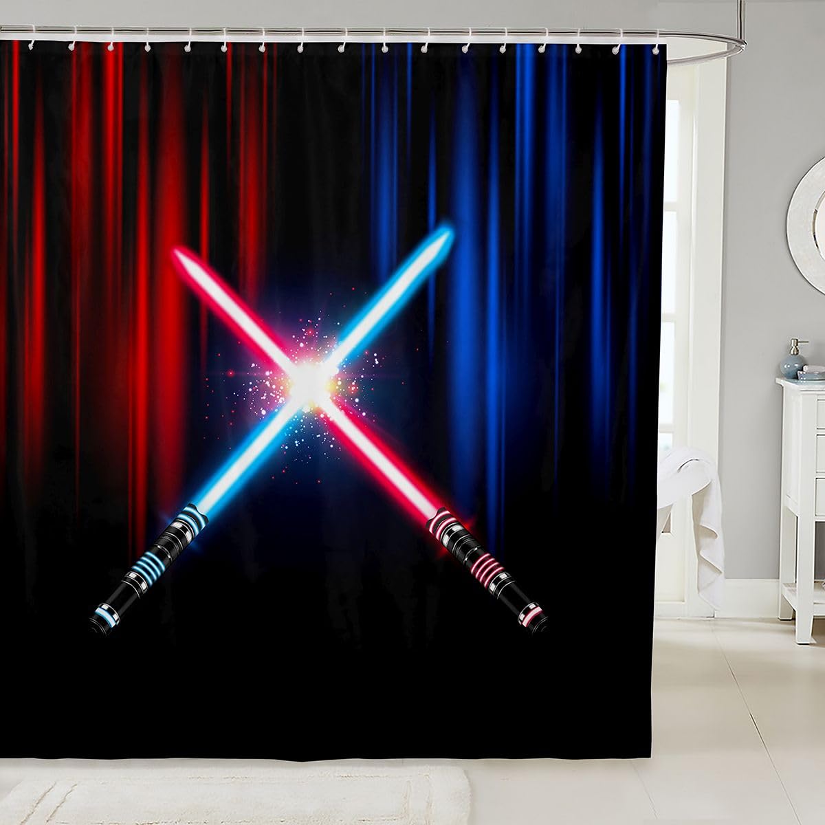 Neon Light Lightsaber Shower Curtain Geometric Red Blue Abstract Ombre Bathroom Curtain Kids Boys Adult Bathtub Decor Video Games Waterproof Curtain