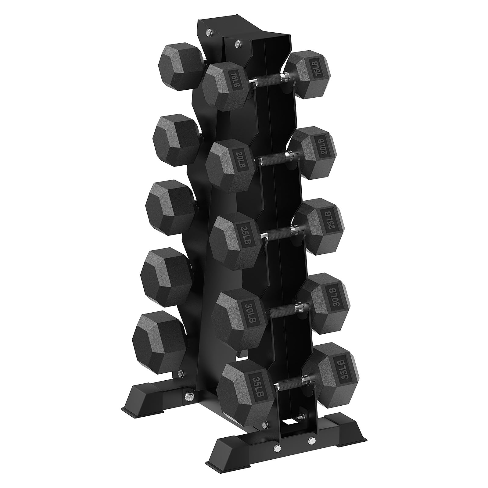 HANDBODE Hex Dumbbell Set with Vertical Storage Rack, 100–550 lb | Non-Slip Handle Design for Secure Grip, Rubber Encased Dumbbells, Hand Weights for Strength Training and Home Gym 250 lb (15, 20, 25, 30, 35 lb) X 2 & Rack