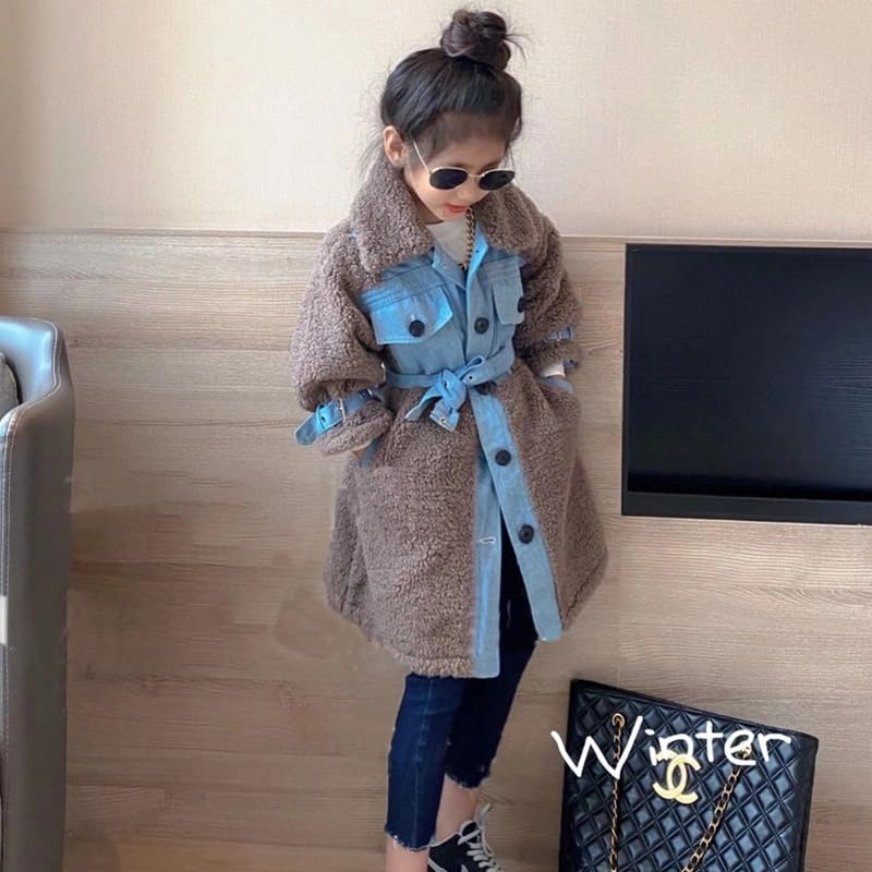 Bold N Elegant Girl’s Fur and Denim Winter Party Outerwear Overcoat Warm Long Coat Jacket for Young Littl Girls from 4 to 9 Years (6-7 Years, Brown) 1