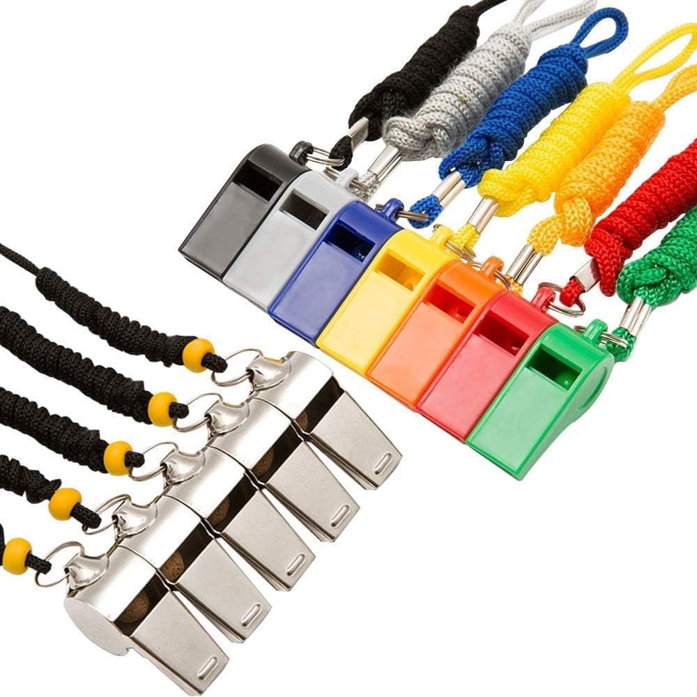 Hipat 12-Pack Sports Whistles with Lanyards - 5 Stainless Steel & 7 Plastic, Loud Crisp Sound for Coaches & Referees