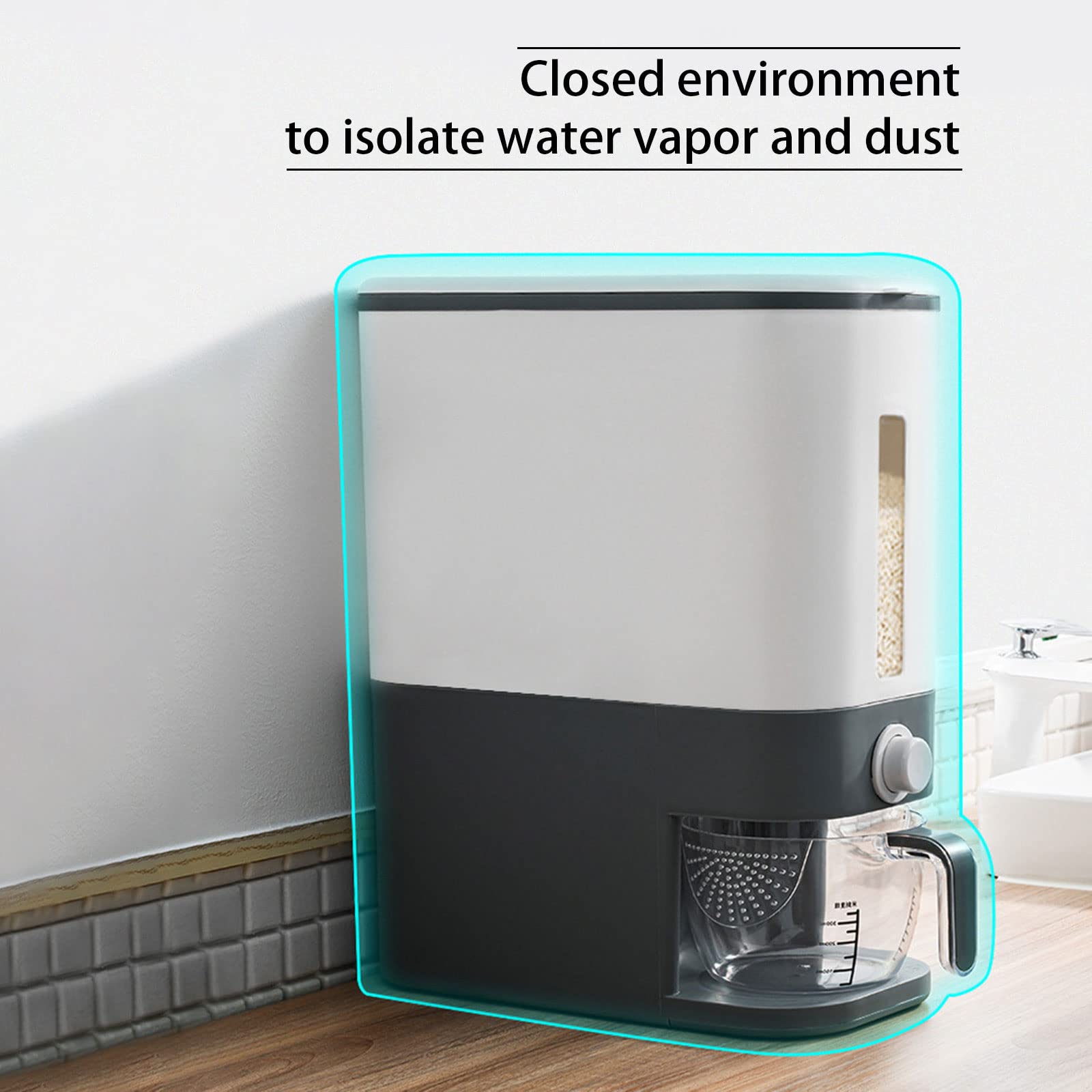 Secchio dispenser per cereali per uso domestico con cilindro graduato coperchio, contenitore da cucina ermetico per cereali, dispenser da banco per alimenti secchi, per riso, mais, farina, grigio (g