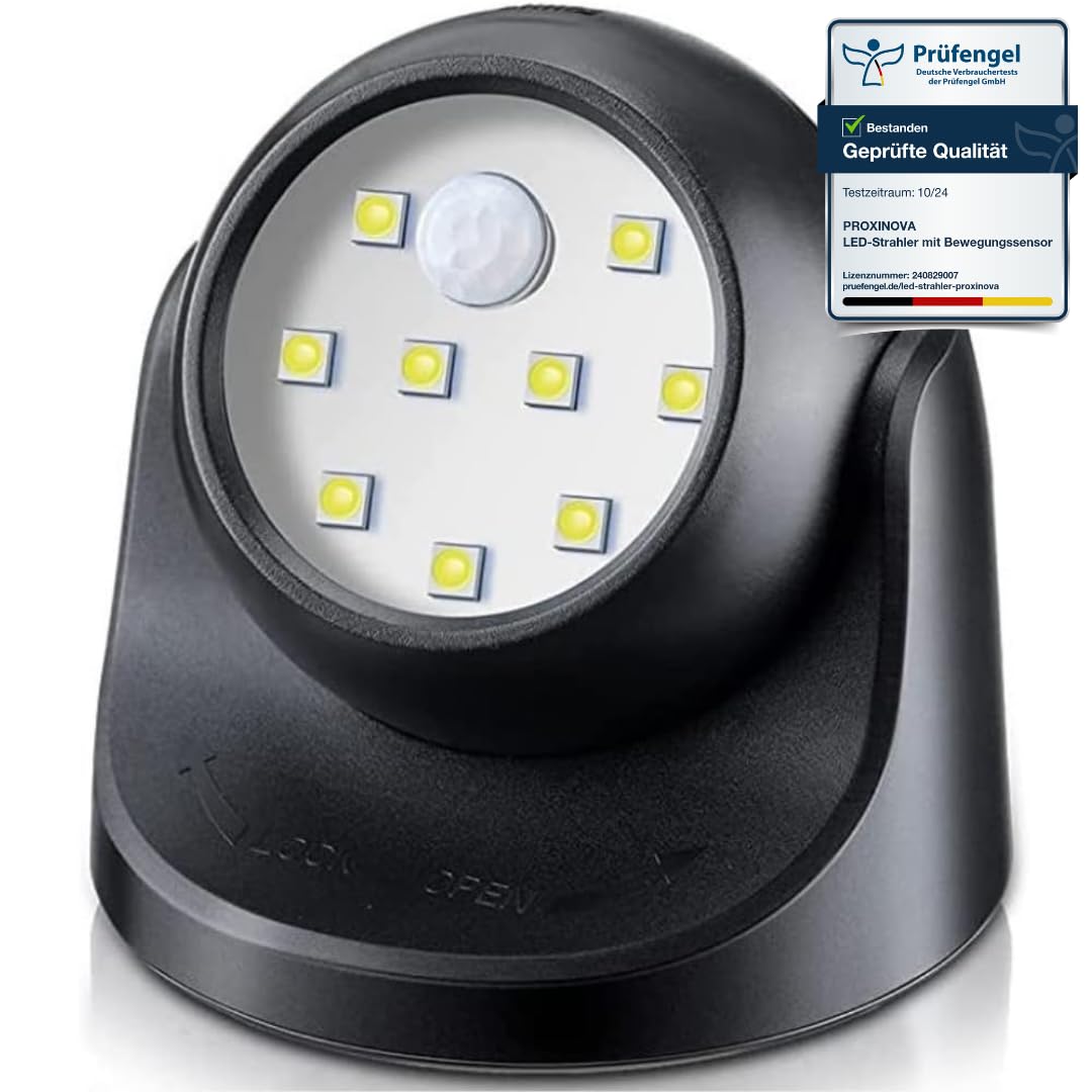 Proxinova LED-Wandleuchte für den Innen- und Außenbereich, hell, kabellos, Fulcrum-Bewegungsmelder, Verandalicht/Scheinwerfer, automatische Ein-/Aus-Funktion, batteriebetrieben, Schwarz