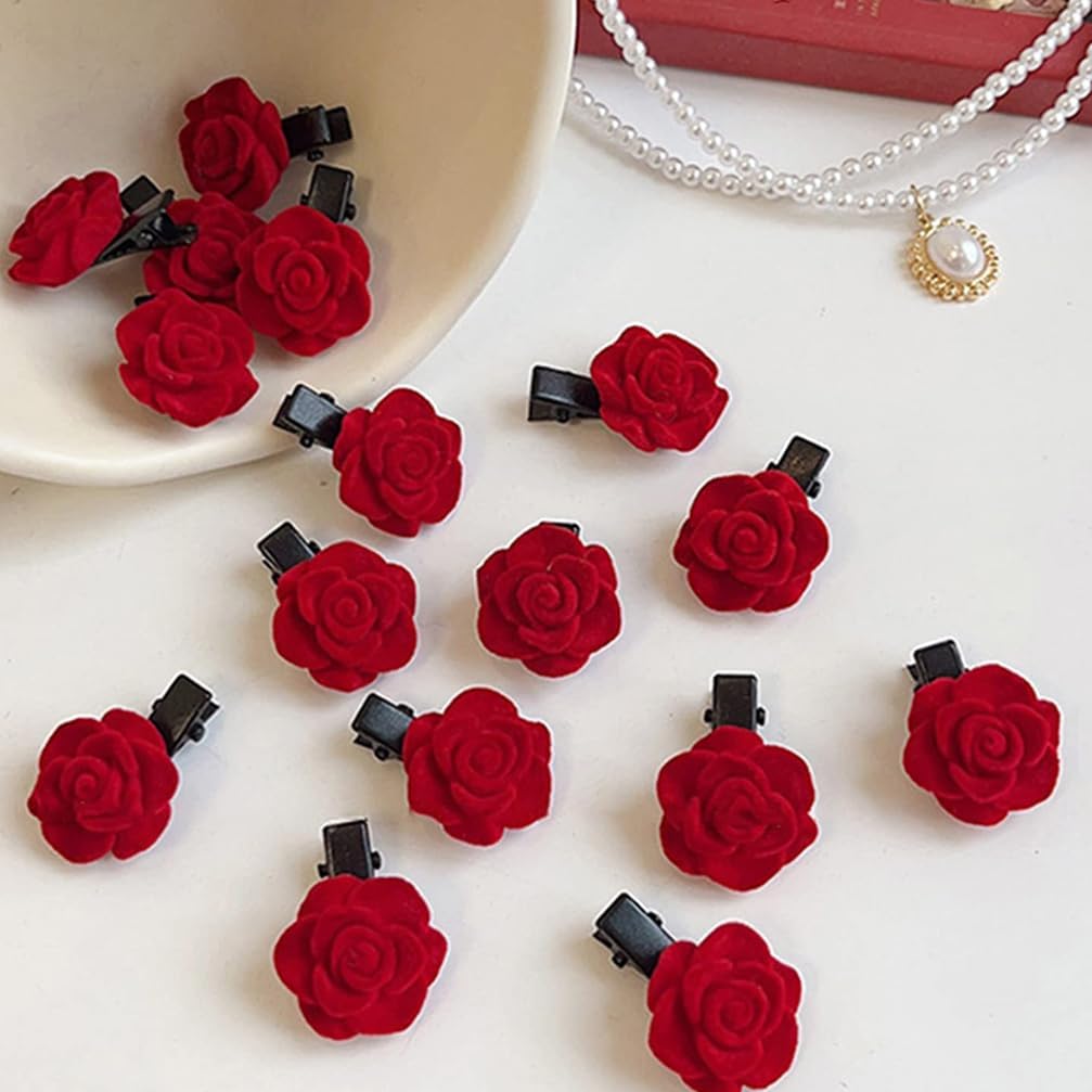 Mini Rose Hair Clip for Women Girls, Red Flower Barrettes Headpiece Vintage Pins for Gift (8)