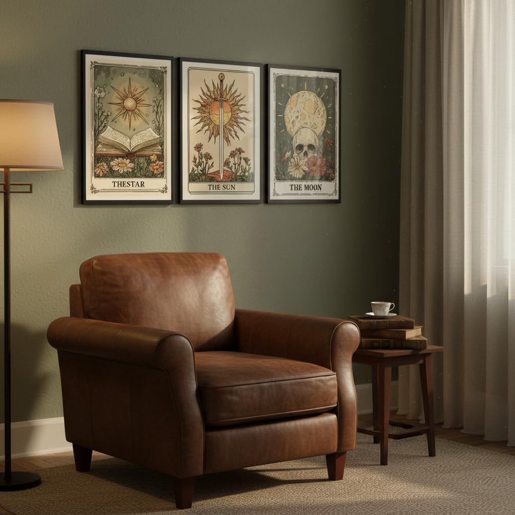 MJVCFWNS 3Pcs Tarot Card Wall Art Boho Celestial Bodies Sun Moon Star Painting Picture Wall Decor Vintage Skull Book Flowers Sword Poster Printing Artwork for Living Room Bedroom Office Home Decor