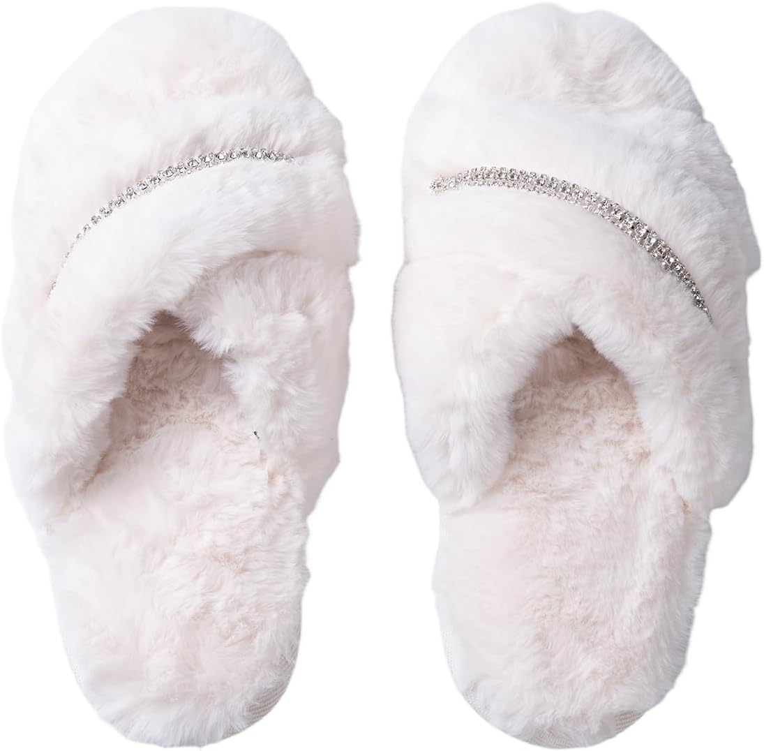 Women's Fuzzy Slippers Cross Band House Shoes Memory Foam Open Toe Slippers for Color: White/Crystal Size 8-8.5 - Image 2