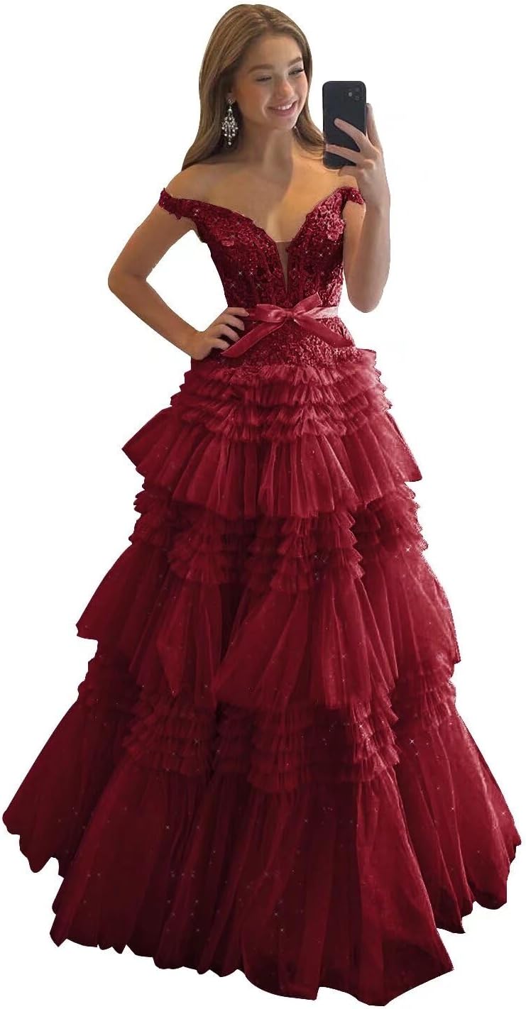 Sparkly Tiered Tulle Lace Prom Dress for Teens Off The Shoulder Formal Evening Party Gowns