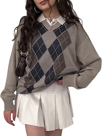 Women Argyle Plaid Sweater Pullover Sweet Preppy Style Autumn Winter Knitwear Sweater Vest Y2K Top E-Girl Vintage Sweater