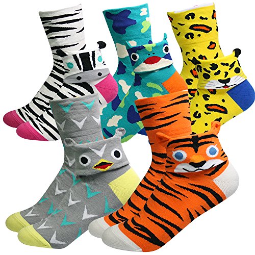 KONY Women's Girls Casual Funny Novelty Crew Socks, Cute Animals Printed Pattern - Gift for Pet Animal Lovers (Cute Animal Cover - 5 pairs)
