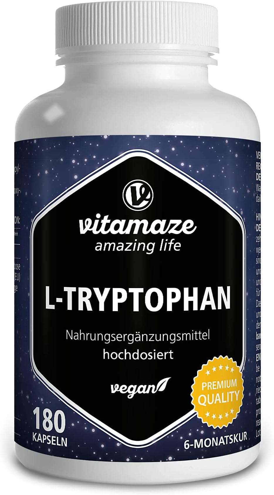 L-Tryptophan 500 mg per Capsule - Sleep and Relax Support - 6 Months 180 Vegan Capsules - Pure Essential Amino Acid, Natural & Fermented- Supplement Without Additives