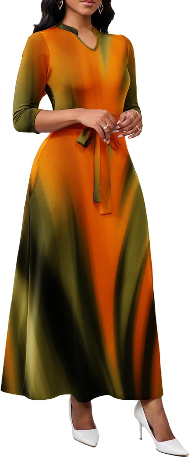 Maxi Dresses for Women Semi Formal Long Dress 3/4 Sleeve Casual A-line Church Dresses with Pockets - Image 2