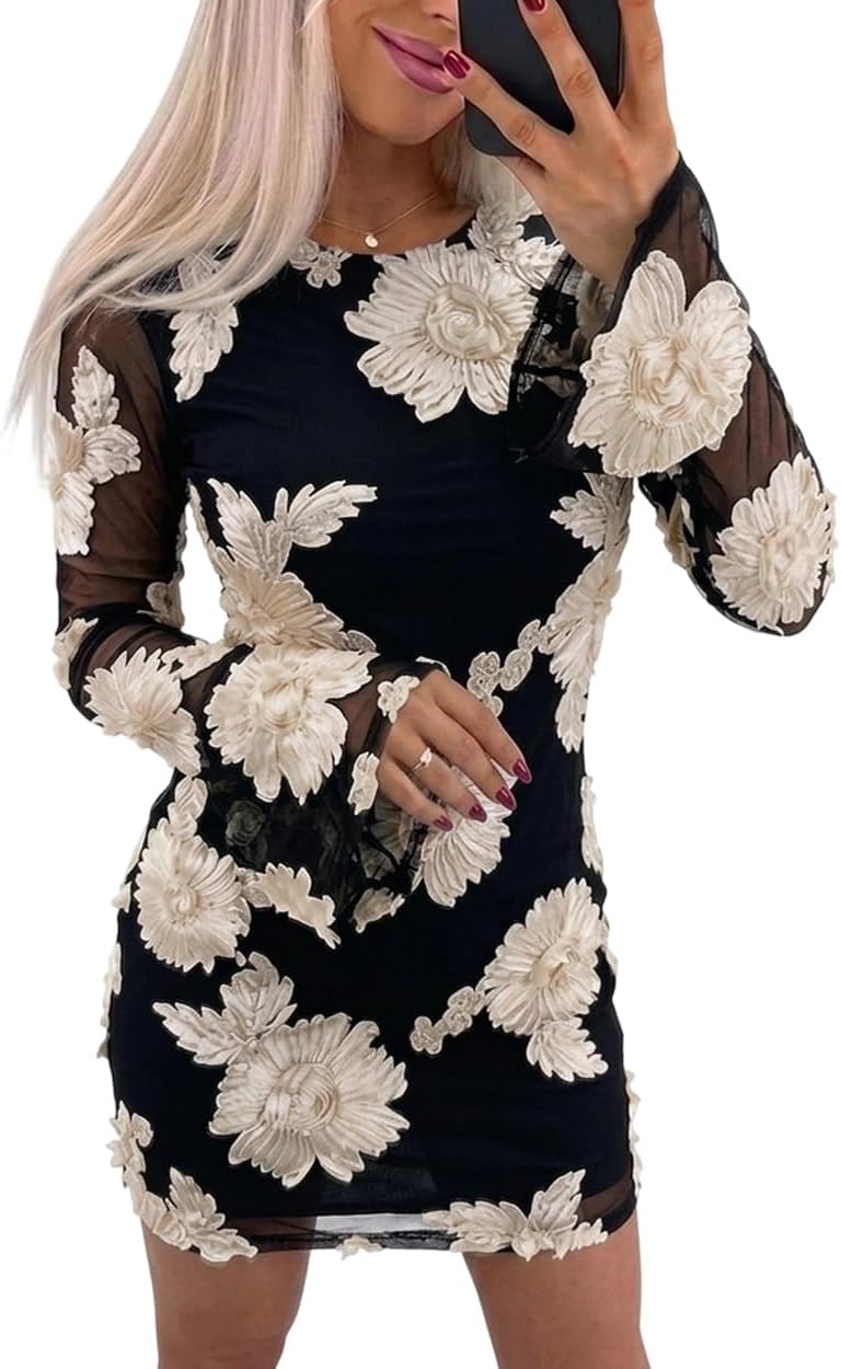 CHICME Women Floral Mesh Mini Dress Long Bell Sleeve Sexy Bodycon Dress Crew Neck Cocktail Dresses for Summer Party Club