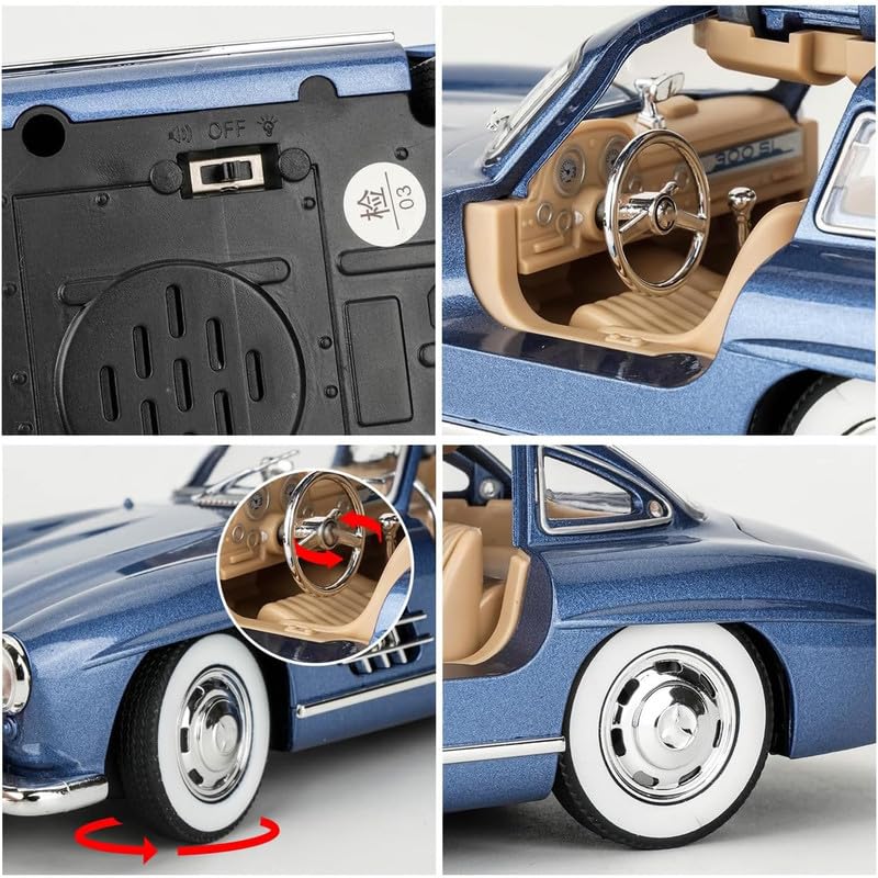 Image of Kids Model 1:24 Vintage 300 SL Classic Die Cast Metal Car Pull Back Action Opening Doors with Realistic Engine Sound Lights Toy Car Gift for Boys - Blue
