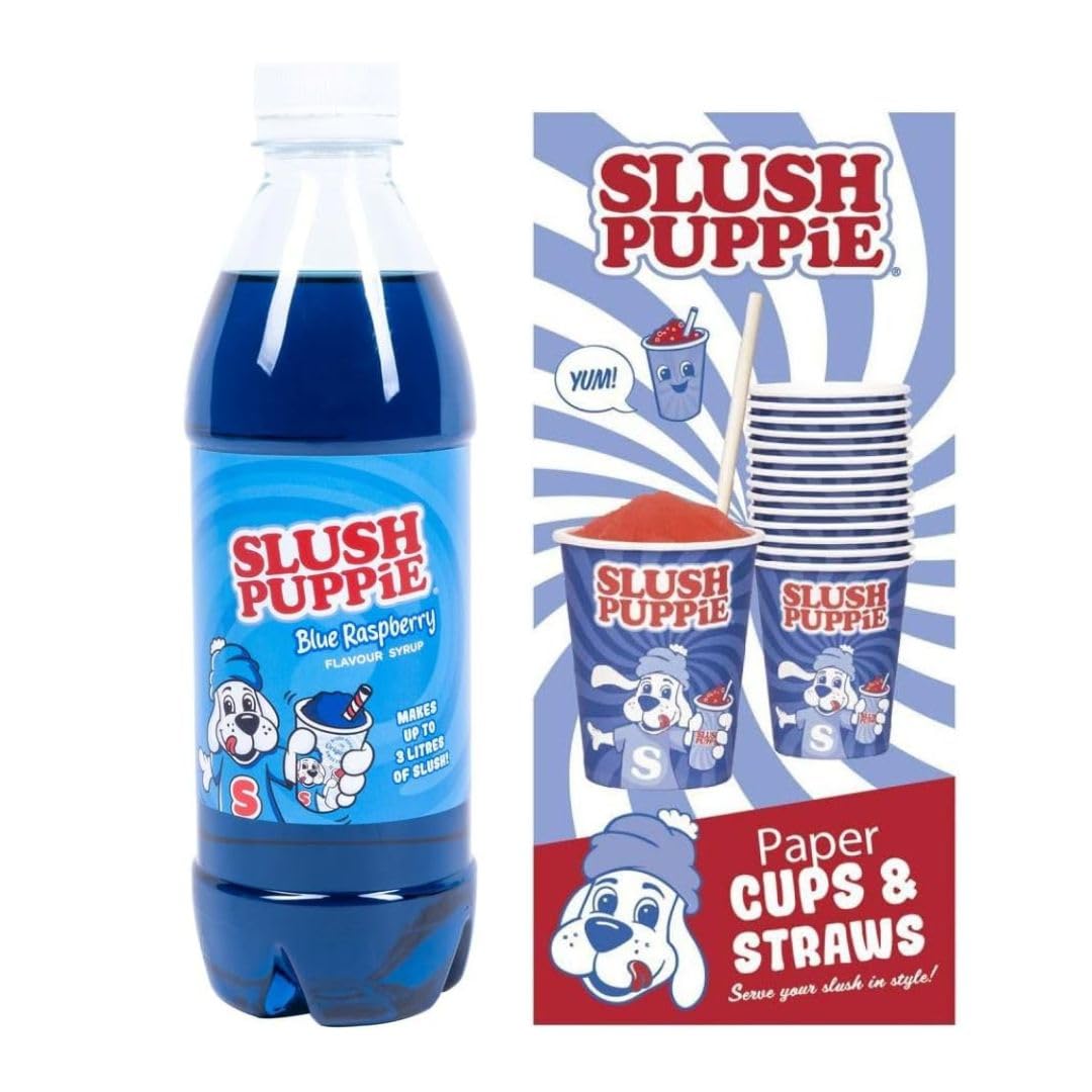 Blue Raspberry SLUSH PUPPiE Syrup & 20 SLUSH PUPPiE Paper Cups & Straws Bundle. 500ml of Iconic Blue Raspberry Flavour. Genuine Slush Puppy Merchandise from Fizz Creations.