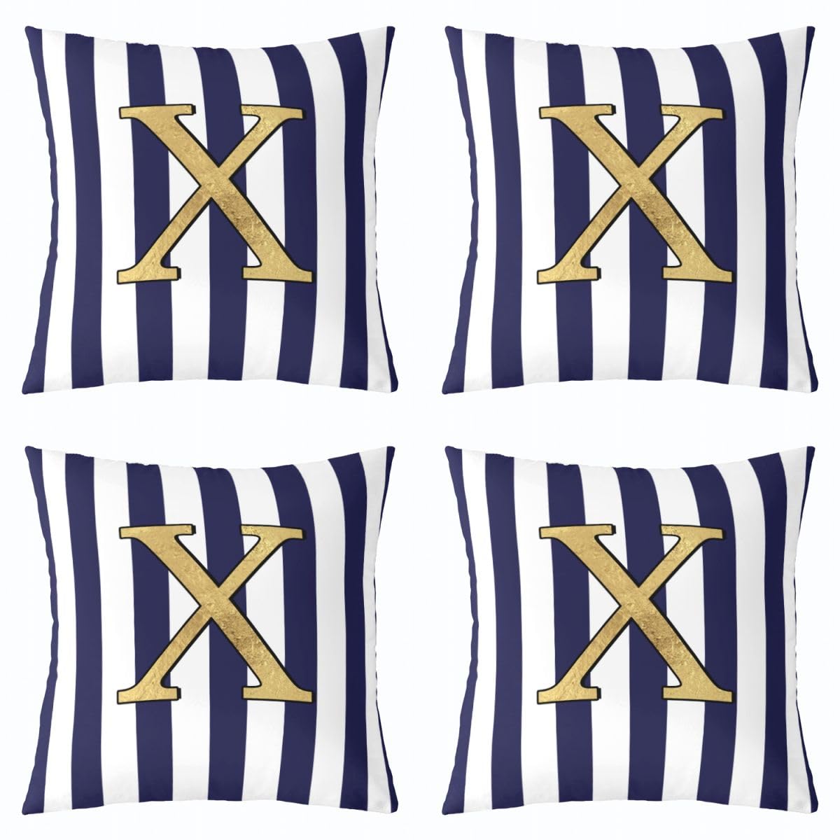Homemissing Set di 4 federe per cuscini quadrate con monogramma lettera X, a righe blu navy, con iniziale in lamina d'oro, personalizzate, tema classico preppy, 45 x 45 cm