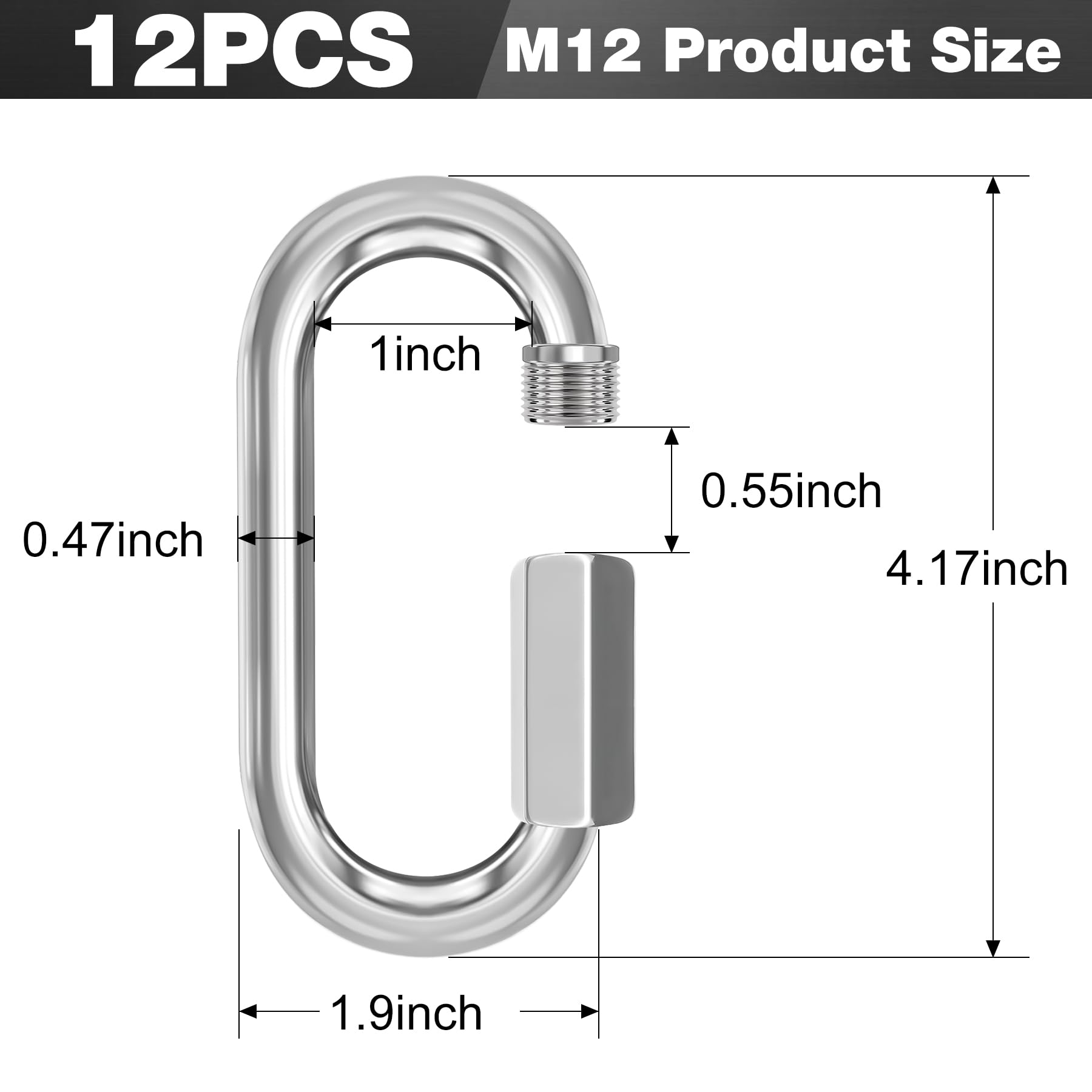 Paquete de 12 conectores de cadena de eslabones rápidos, ganchos de mosquetón de bloqueo de cadena galvanizados de 1,27 cm, clips de enlace rápido de rosca resistente de 2500 libras