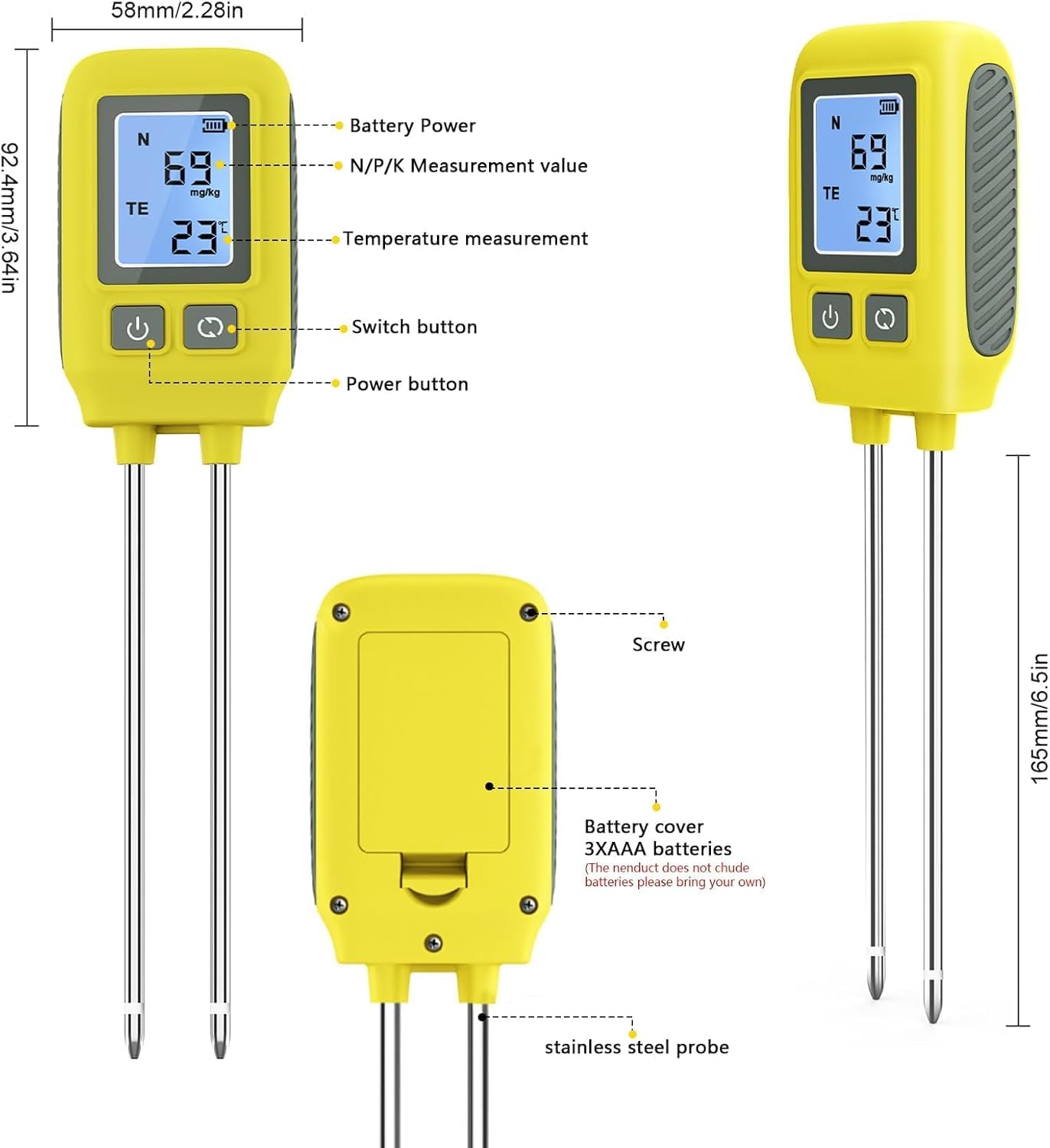 4 en 1 probador de Suelo, nitrógeno, fósforo, probador de potasio NPK con Pantalla Digital LCD, medidor de analizador de Suelo para jardinería, césped, Agricultura y Plantas al Aire Libre