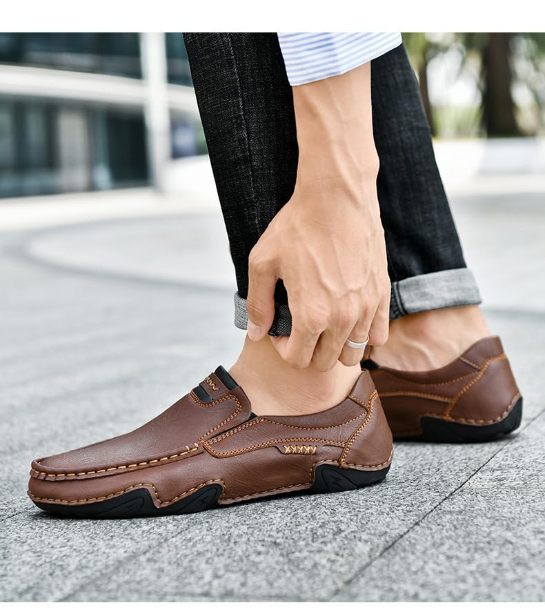 Men's Genuine Leather Loafers Slip-On Driving Shoes, Hollow Out Hand-Sewn Casual Flats for Outdoor & Work2