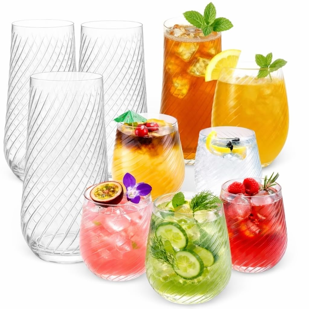 48 Pack Origami Ripple Plastic Glasses 24 9 Ounce Stemless Champagne Flutes &amp; 24 12 Ounce Cups, BPA-Free Disposable Shatterproof Toasting Glasses for Weddings, Bars, and Events (48, Twiselle Clear)