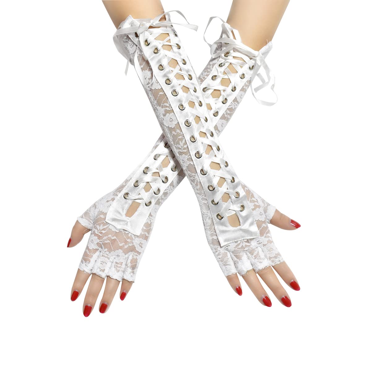 SamHeng Women's Fingerless Gloves, Long Sexy White Satin Gloves with Laced Tie, Lace Up Elbow Arm Warmers for Evening Opera Punk Party Cosplay Dress Up Costumes