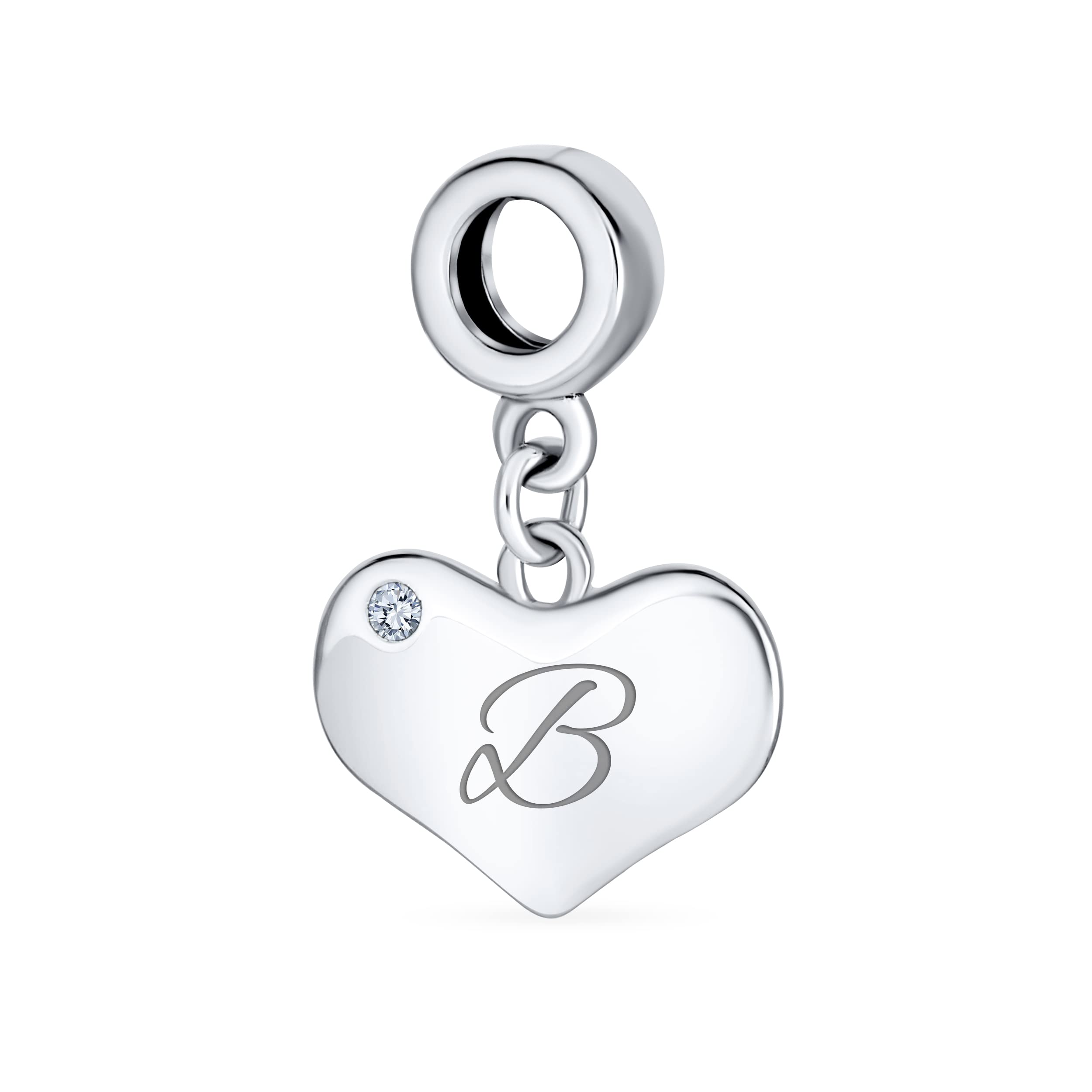 Bling JewelryPersonalized Script Initial Alphabet A- Z Clear Crystal Accent Heart Shape Dangle Bead Charm .925 Sterling Silver For Women Teen European Bracelet Customizable