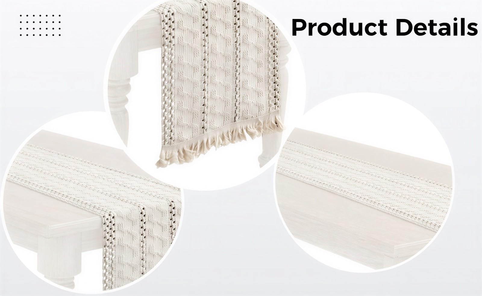 Tischläufer aus Baumwoll-Leinen, gewebter Tischläufer mit Quasten, gestreifter genähter Strickläufer, natürliche Creme-Deko für Küche, Esstisch und Esszimmer, neutraler Farmhouse-Boho-Stil