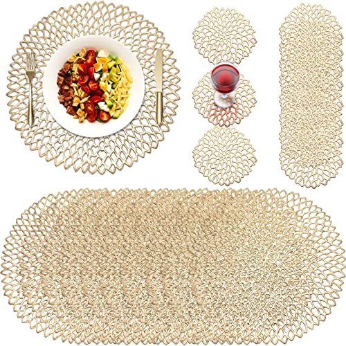 24 Pcs Gold Round Pressed Vinyl Placemats Metallic Placemats Coasters Set Including 12 Placemats And 12 Coasters Hollow Round Table Mats For Wedding Dinner Party Table Supplies #TOP1