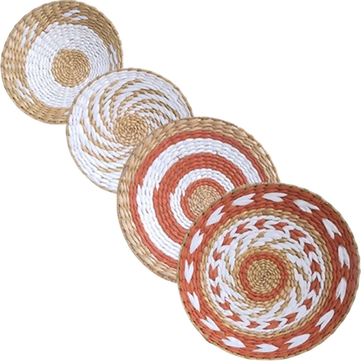 Decoración de Pared Circular Tejida a Mano 4 Piezas de Paja | Estilo Bohemio y Minimalista, Acabado de 4 Unidades, para Casa Nueva o Mudanza