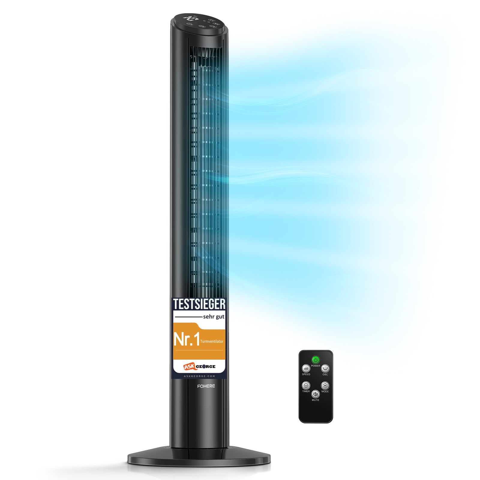 Turmventilator sehr Leise (<32dB) - 102cm Ventilator mit Kühlung - Turmventilator mit Fernbedienung- Simulierte Meeresbrise, 12 Stufen & Schlafmodus - Ventilator für Schlafzimmer/Wohnzimmer (Schwarz)