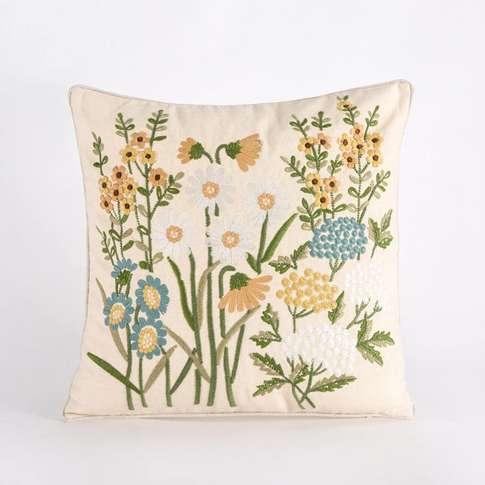 MiDuoHU Cushion Cover Sunflower Chrysanthemum Linen Embroidered Throw Pillowcase Nordic Hotel Embroidery Square Pillowcases(Chrysanthemum embroidery)