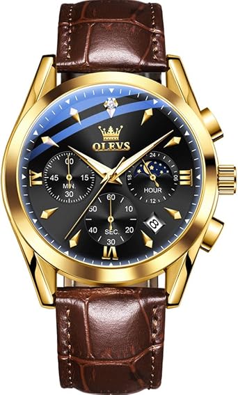 OLEVS Mens Leather Watch Large Face Waterproof Classic Watches Casual Round Watch with Date Luminous Easy Read Mens Dress Watch Blue/Black/White Dial, black face/brown starch, Classic