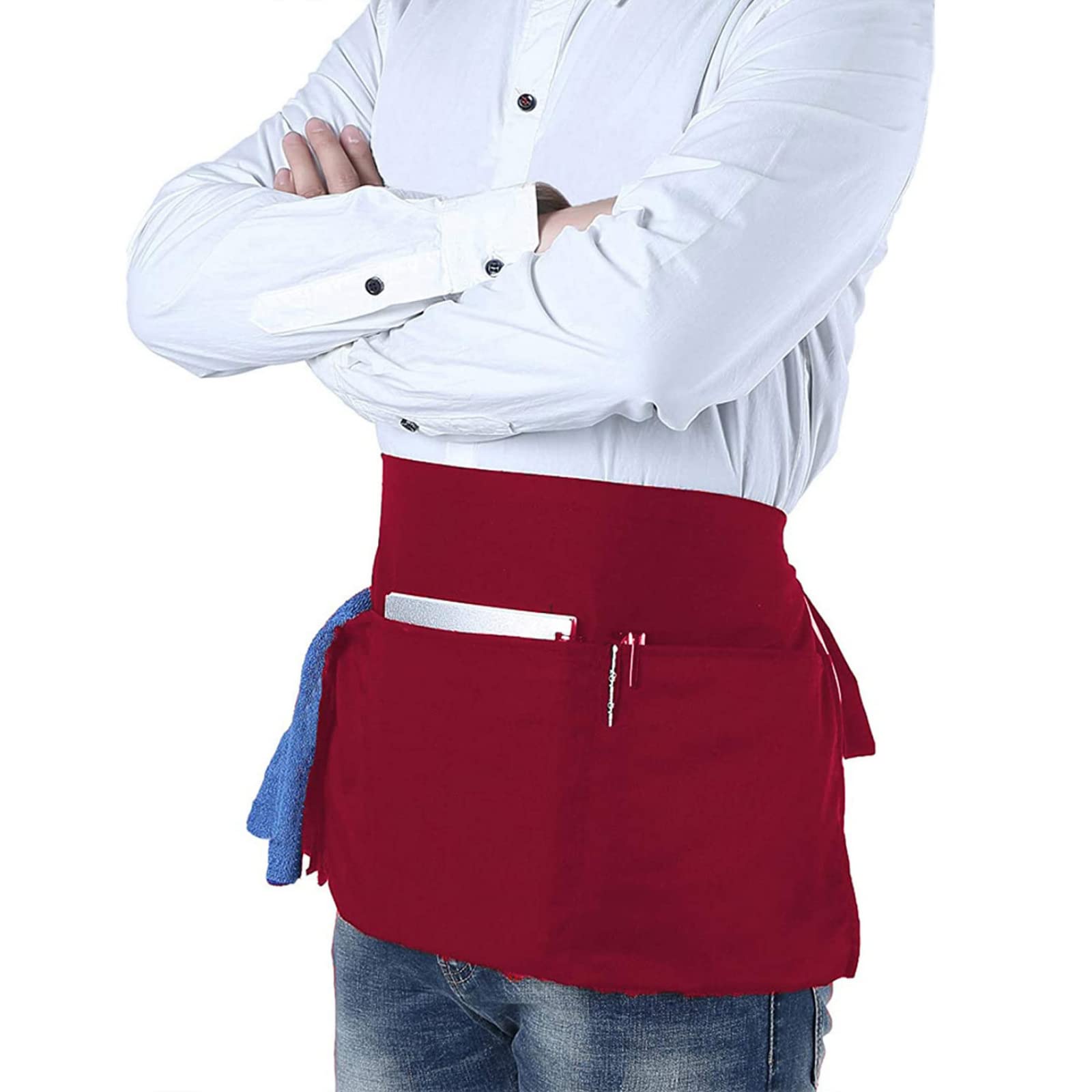Chengzi Red Chef Half Aprons Waitress Aprons Waiter Aprons With Pockets For Home Kitchen Restaurant Work (Red)