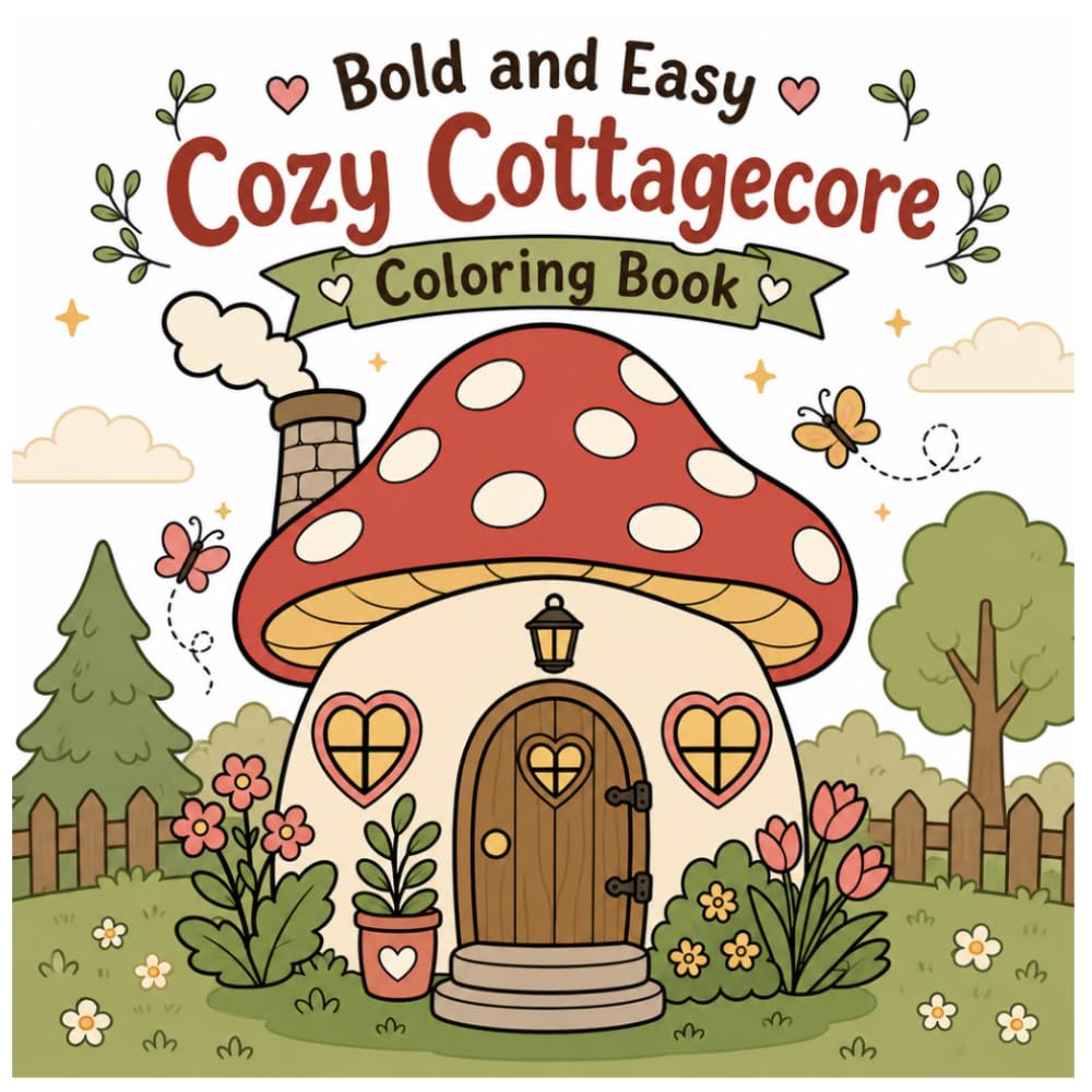 Bold and Easy Cozy Cottagecore Coloring Book: Simple and Relaxing Cute Designs for Adults and Teens