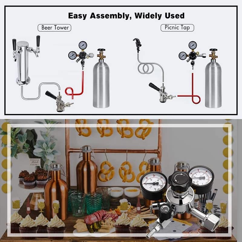 CGA-320 Regulator beczki, miernik CO2 Kegerator, ładowarka CO2, regulator piwa z zaworem do odłagania ciśnienia 2 obrotowe nakrętki 1/4 '' i 5 16