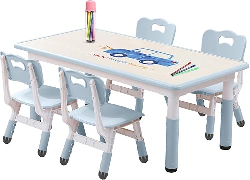 Miniatura 13 de Juego de mesa y silla para niños pequeños, centro de actividades ajustable con patas antideslizantes y superficie a prueba de graffiti de 3 a 12