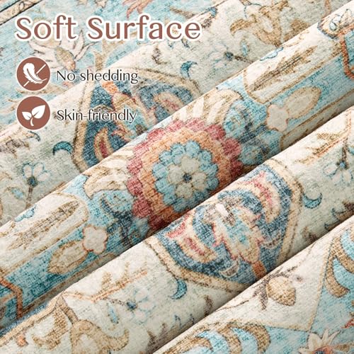 Tortania Area Rug Living Room Rugs - 8x10 Washable Boho Rug Vintage Oriental Distressed Farmhouse Large Thin Indoor Carpet for Living Room Bedroom Under Dining Table Home Office - Aqua Multi