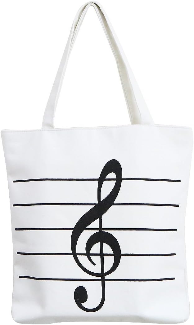 Music Notes Handbag Canvas Tote Bag Reusable Grocery Bag Shoulder Shopping Bag for Women Girls Gift (White)