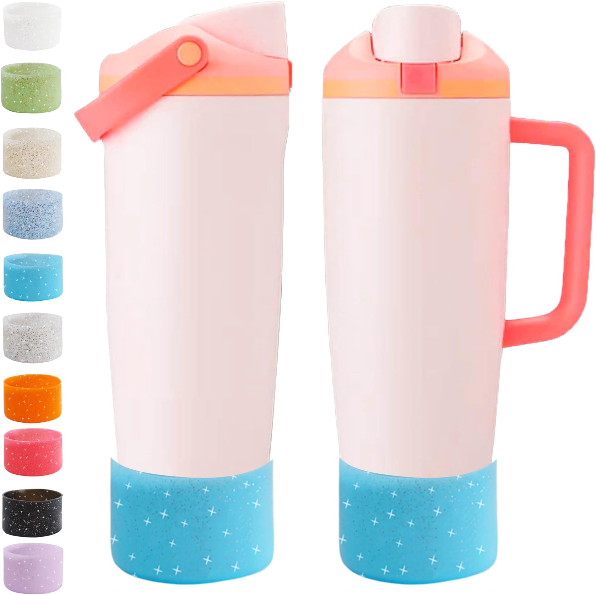 nine-tailed fox Silicone Boot Compatible with Owala 30oz & 40oz FreeSip Sway Bottles & Tumblers, Protective Anti-Slip Bottom Cover Sleeve for Freesip Sway Tumbler (Glitter Blue-Silver, Short-2PCS)