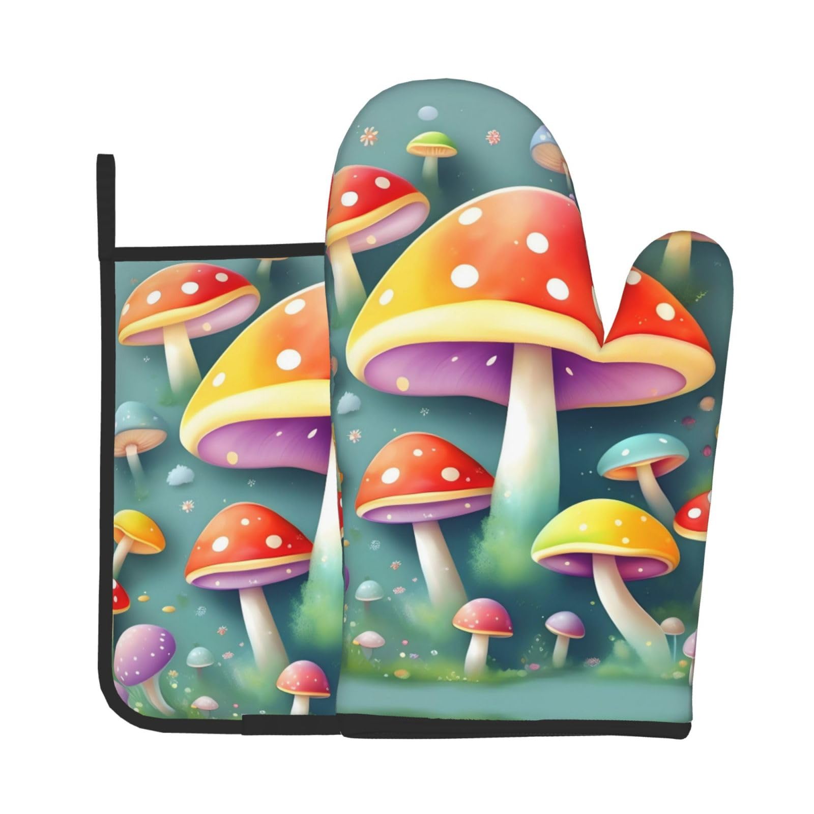 Oven Mitts and Potholders Set of 2 for Kitchen Baking Cooking GrayCute Colored Mushrooms Thick and Durable