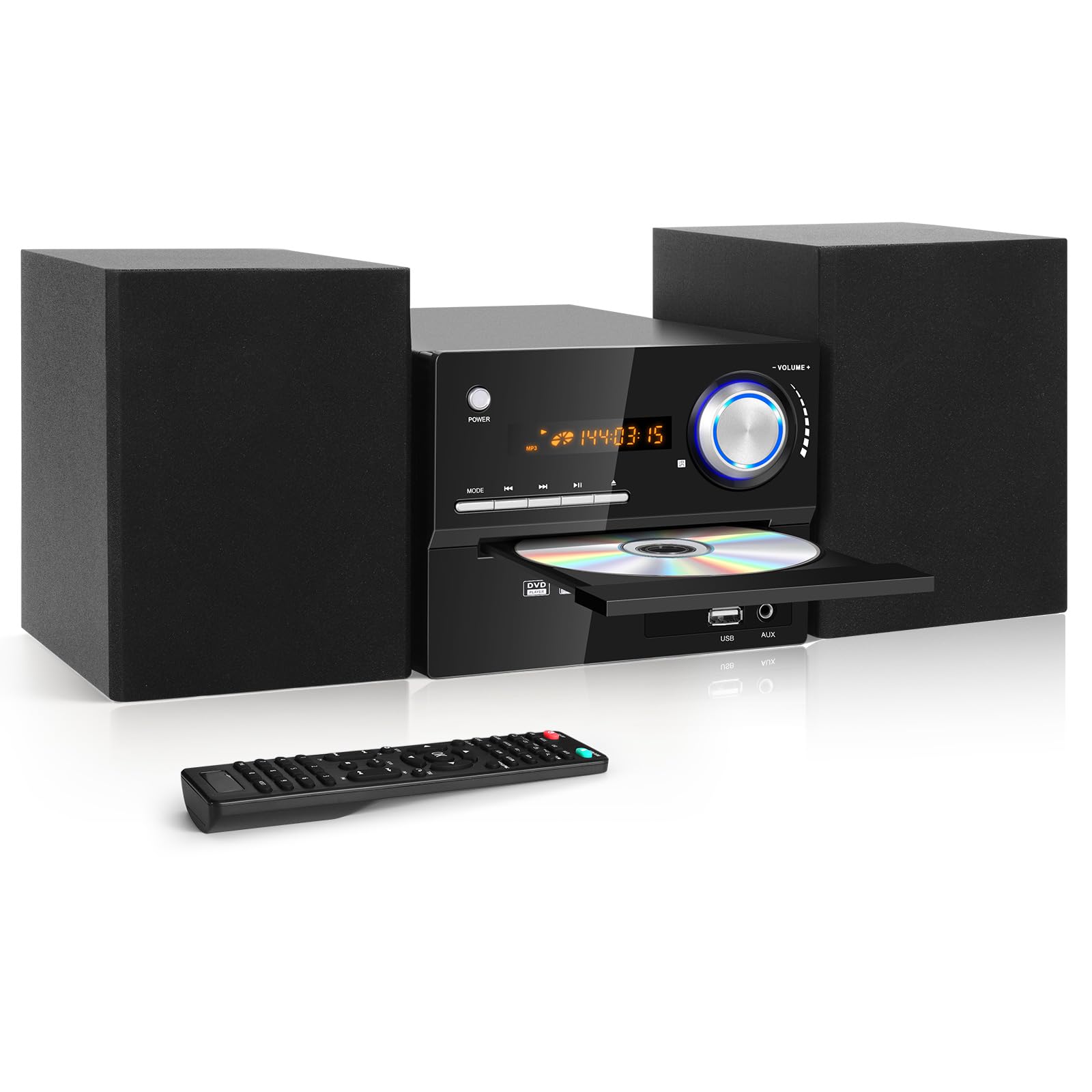 Contents of the JOVELL DVD-802 box including the main unit, two speakers, remote control, RCA cable, and user manual.