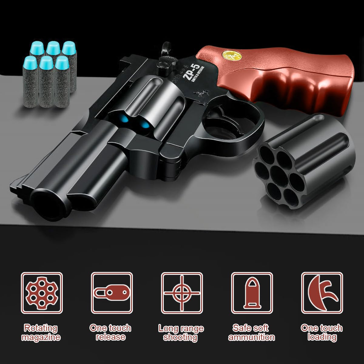 Zabawkowy pistolet rewolwer dla dzieci z 24 miękkimi kulkami magazynek obracany 360° brązowy