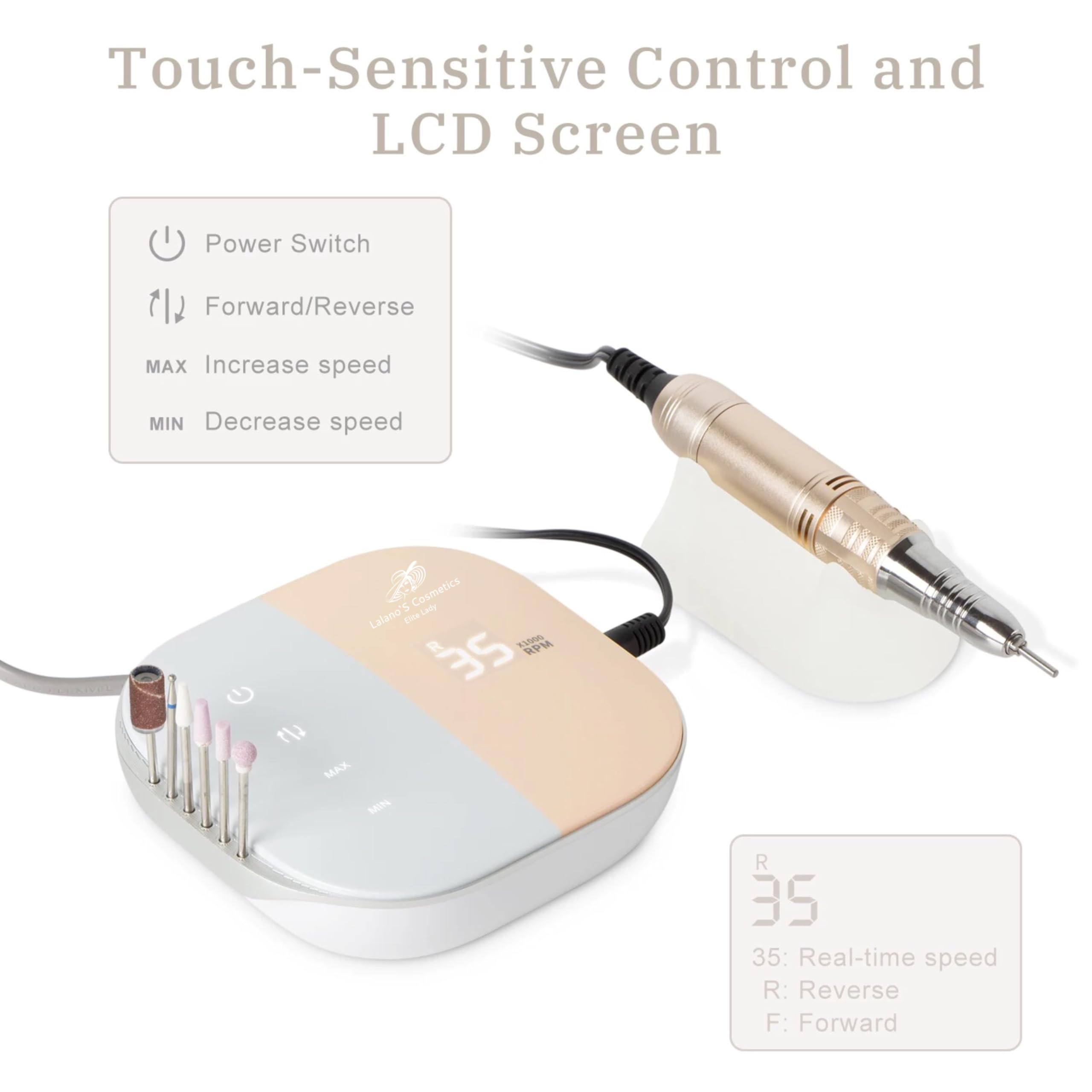 Lalano'S TouchPro frezarka do paznokci 35000 obr./min, profesjonalny zestaw do manicure z ekranem dotykowym LCD, aluminiowa rękojeść i 5 nakładek frezujących – cicha i bez wibracji, elektryczna