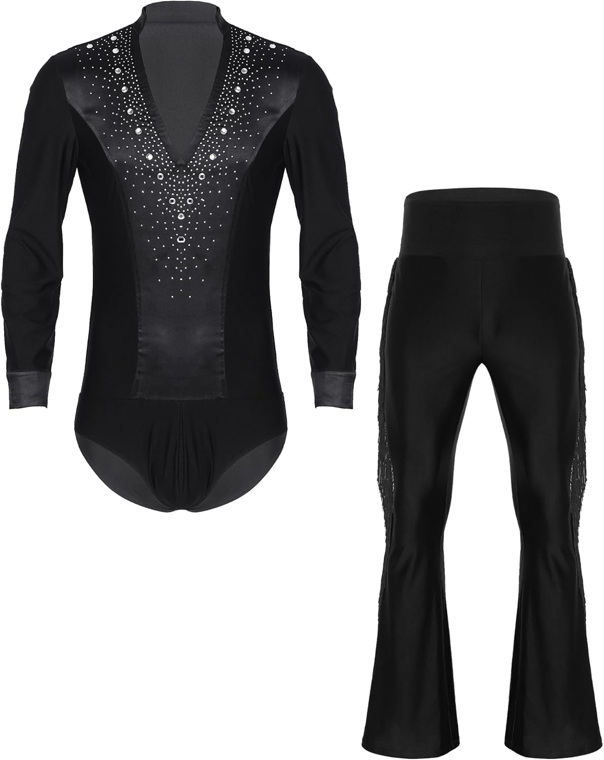 Hedmy Men Rhinestone Deep V Neck Leotard with Tassel Flared Pants for Tango Latin Dance Figure Skating