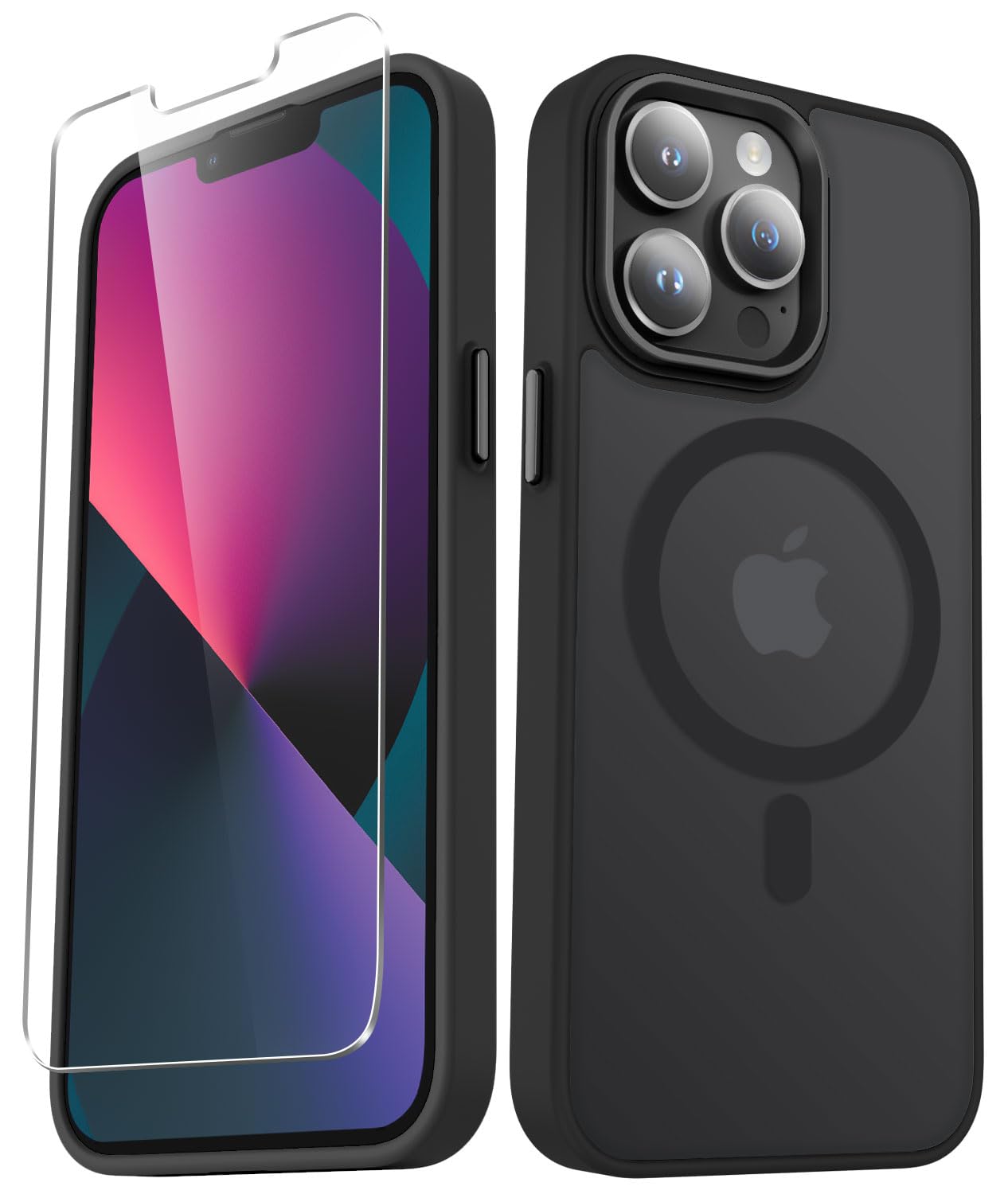 for iPhone 13 Pro Max Case, Matte Magnetic Phone Case with 1 Screen Protector, Support for Magsafe, Translucent Frosted Slim Shockproof Protective Cover for iPhone 13 Pro Max 6.7 inch, Black