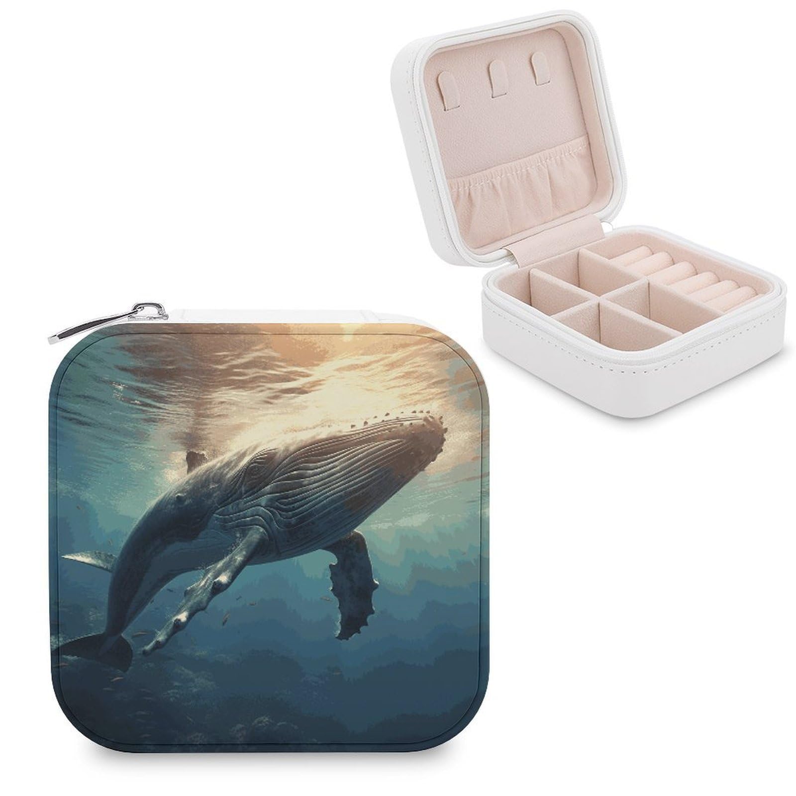MUSM Whale Above Sea Water Travel Jewelry Case Personalized PU Leather Jewelry Boxes for Women Small Portable Jewelry Organizer Box Cute Trinket Box for Necklaces Rings Earrings & Gifts