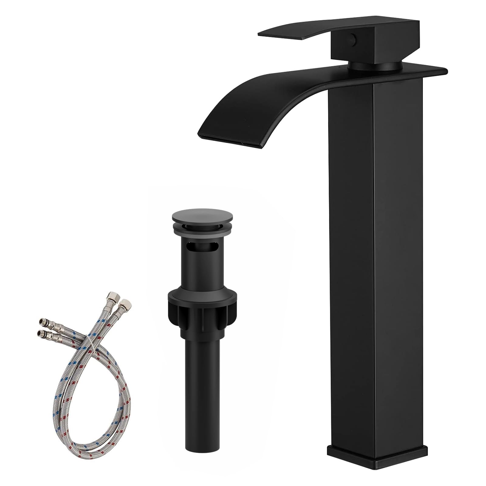 Sxithgkdw Matte Black Black Vessel Sink Faucet Single Handle Single Hole Stainless Steel Bathroom Faucet With Waterfall Spout Sink Faucet Lavatory Vanity Deck Mount Mixer Tap