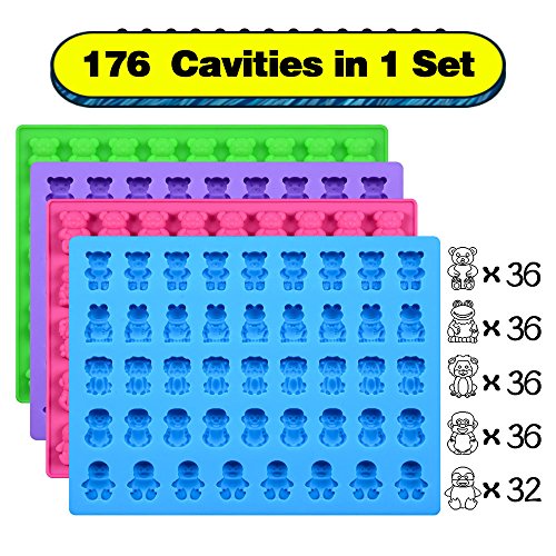 Image of Silicone Candy Gummy Bear Molds - Chocolate Molds Including Bears, Frogs, Lions, Monkeys, Penguins Gummie Molds Premium Silicone BPA Free, Pinch Test Approved Pack of 4 with 2 Droppers