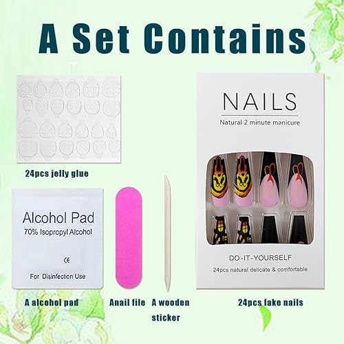 Miniatura 6 de Uñas largas a presión para Halloween, uñas postizas de ataúd rosa, uñas adhesivas con diseño de casa fantasma, uñas postizas de murciélago, uñas