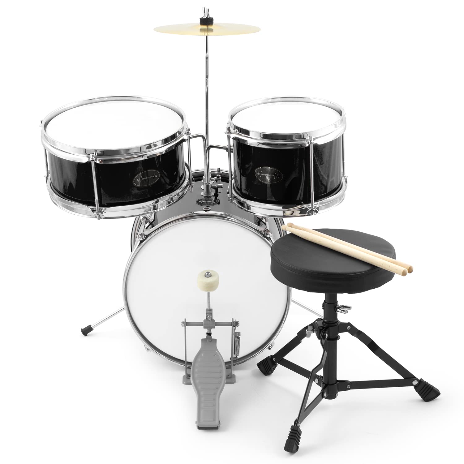 batteria per bambini 3 pezzi nera | Set batteria junior con trono e bacchette inclusi, ideale per bambini e primi approcci alla musica e al ritmo