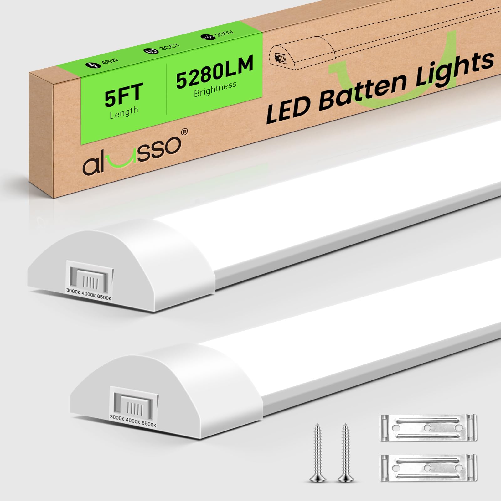 ALUSSO LED Batten Light 5FT, 3000K/4500K/6500K Selectable Integrated Tube Light, 48W 5280lm Super Bright Strip Lights, Wall Ceiling Mounted Garage Lighting for Kitchen Basement Workshop Shed, 2 Pack