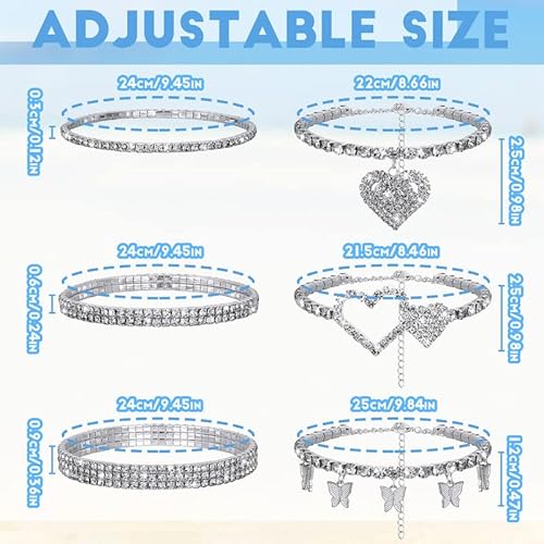 Laumoi 6 Pcs Ankle Bracelets For Women Rhinestone Stretch Anklet Heart Ankle Bracelets Anklet Jewelry Crystal Foot Chain (Heart Style) #TOP2